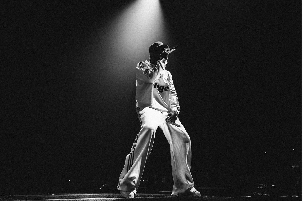 Photographie de spectacle en noir et blanc : artiste sur scène dans un faisceau de lumière